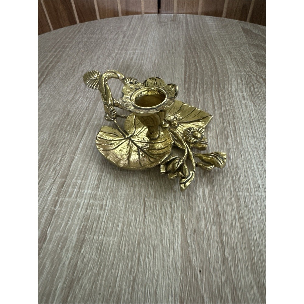 Vintage Gold-tone Brass Candlestick Floral And Vine, With Handle, Chamberstick